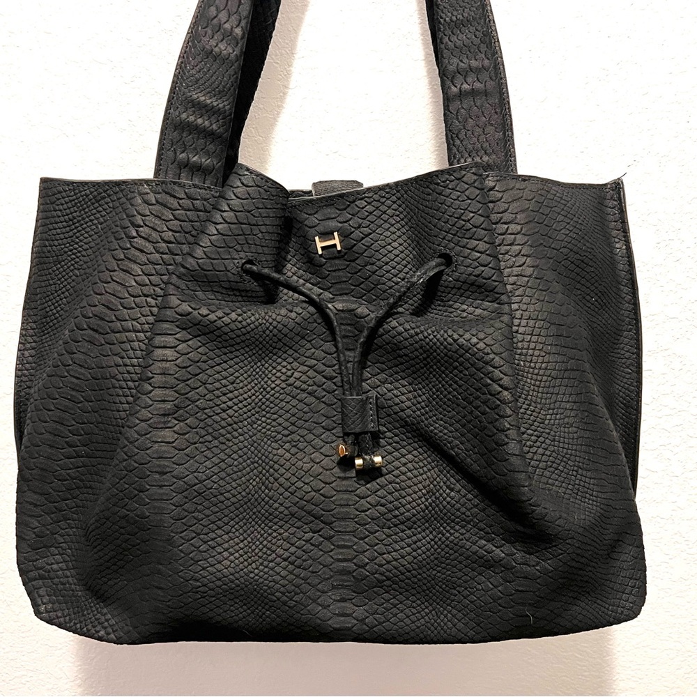 Large Halston Embossed Black Leather Bag with ample storage.